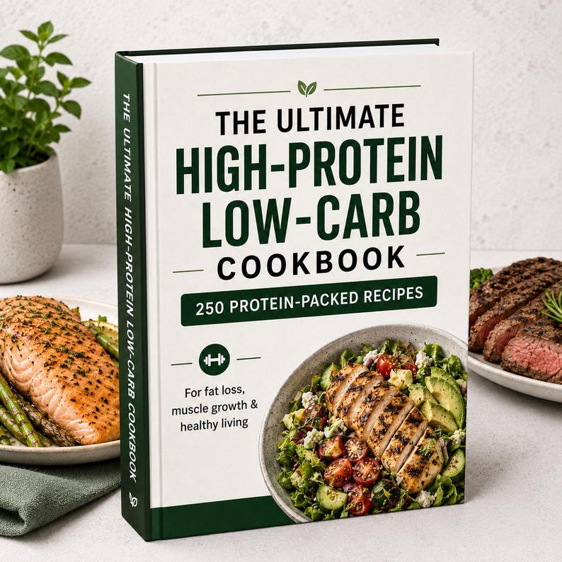 May include: A hardcover cookbook titled The Ultimate High-Protein Low-Carb Cookbook with 250 Protein-Packed Recipes. The white cover features dark green text, a dumbbell icon, and a photograph of a salad with grilled chicken and avocado.