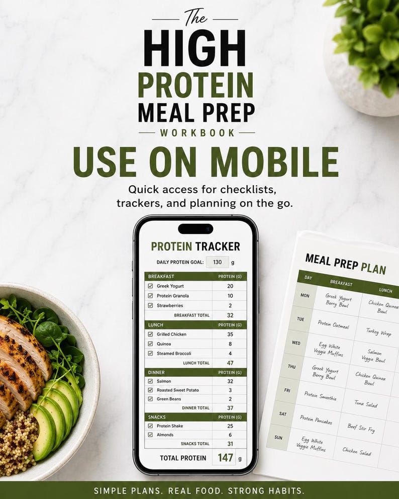 May include: A digital workbook titled The High Protein Meal Prep Workbook displayed on a mobile phone screen showing a protein tracker with daily goals and meal lists, alongside a printed meal prep plan and a bowl of grilled chicken and avocado.