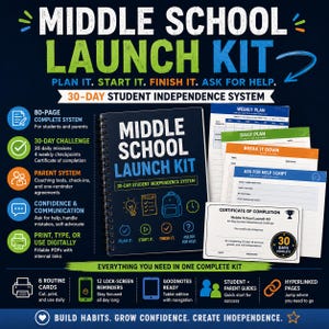 May include: A Middle School Launch Kit educational system featuring a spiral-bound workbook, weekly and daily planning sheets, and a certificate of completion. The dark blue cover displays the title and icons for planning, starting, finishing, and asking for help.