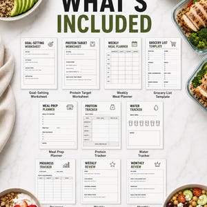 May include: A collection of ten white printable worksheets with black text and icons, including a goal-setting worksheet, protein target worksheet, weekly meal planner, grocery list template, meal prep planner, protein tracker, water tracker, progress tracker, weekly review, and monthly review.