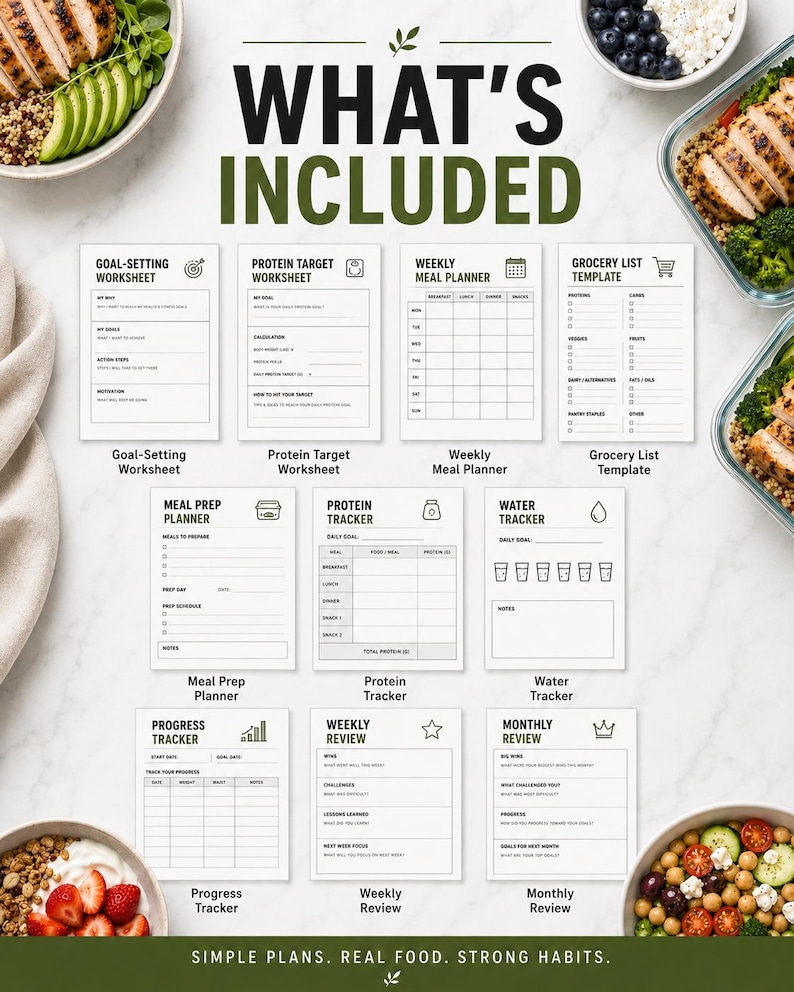 May include: A collection of ten white printable worksheets with black text and icons, including a goal-setting worksheet, protein target worksheet, weekly meal planner, grocery list template, meal prep planner, protein tracker, water tracker, progress tracker, weekly review, and monthly review.