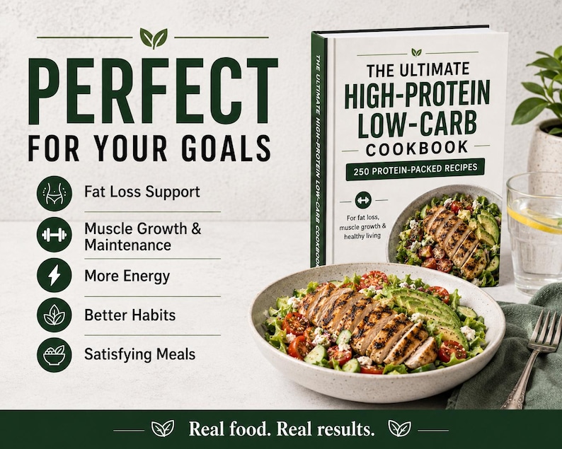 May include: A cookbook titled The Ultimate High-Protein Low-Carb Cookbook with 250 protein-packed recipes. The cover features a salad with grilled chicken and avocado. Text includes Perfect For Your Goals, Fat Loss Support, and Real food. Real results.
