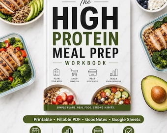 High Protein Meal Prep Workbook, Printable Meal Planner, Protein Tracker, Grocery List, GoodNotes Digital Planner, Google Sheets Tracker