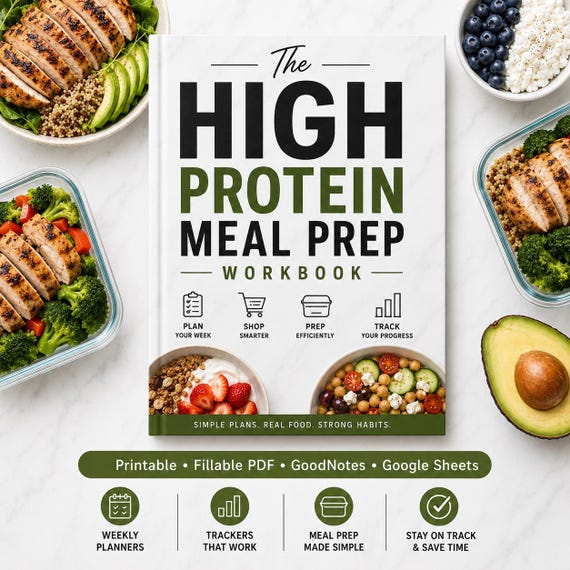 High Protein Meal Prep Workbook, Printable Meal Planner, Protein Tracker, Grocery List, GoodNotes Digital Planner, Google Sheets Tracker