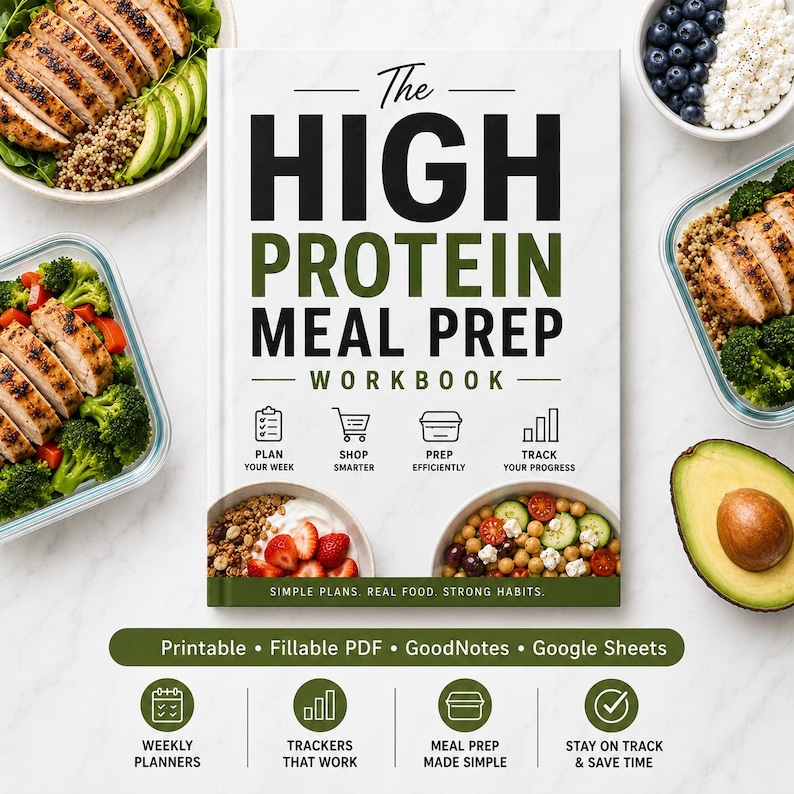 May include: A white workbook titled The High Protein Meal Prep Workbook with black and green text. It features icons for planning, shopping, prepping, and tracking. Below, it lists Printable, Fillable PDF, GoodNotes, and Google Sheets formats.