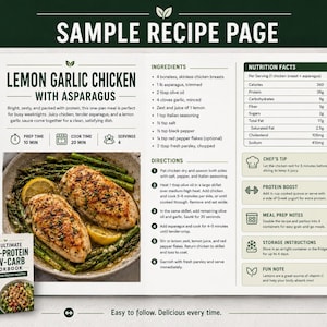 May include: A cookbook open to a recipe page titled Lemon Garlic Chicken with Asparagus. The page includes a list of ingredients, nutrition facts, numbered cooking directions, and a color photograph of cooked chicken breasts and asparagus.