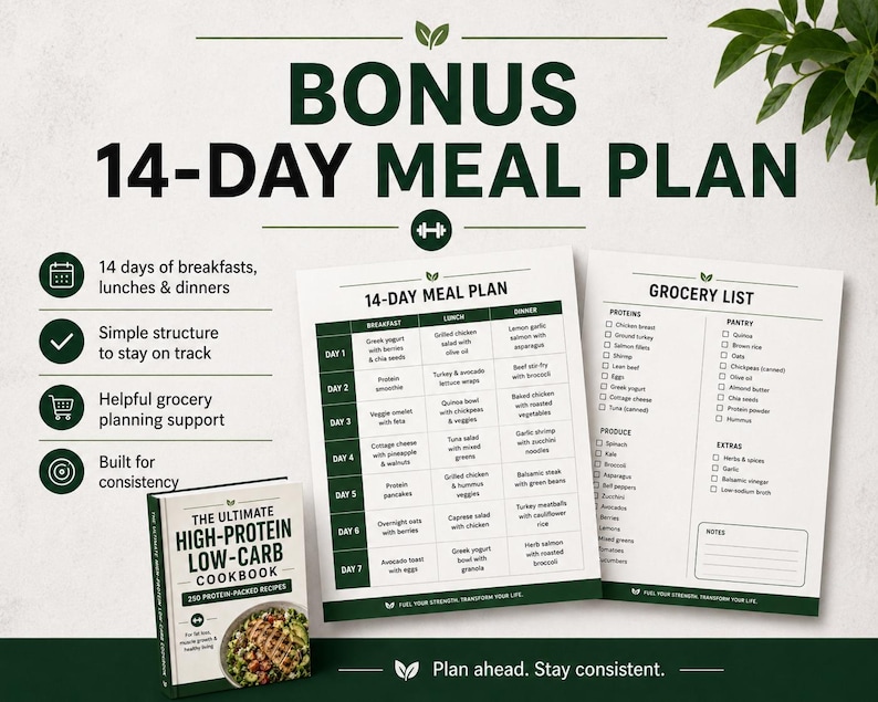 May include: A digital meal planning kit featuring a 14-day meal plan chart, a grocery list, and a cookbook titled The Ultimate High-Protein Low-Carb Cookbook. The design uses dark green text and icons on a white background with a leaf motif.