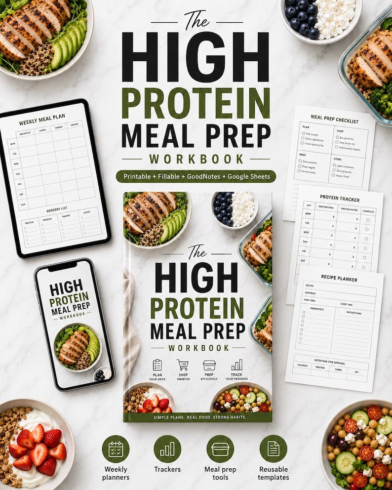 May include: A digital and physical workbook titled The High Protein Meal Prep Workbook, featuring meal planning templates, checklists, and trackers. The layout includes images of grilled chicken, quinoa, avocado, and berries alongside icons.
