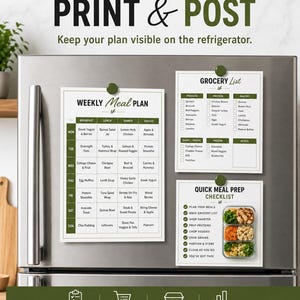 May include: Three white paper sheets with dark green text and accents attached to a stainless steel refrigerator with green magnets. The sheets include a Weekly Meal Plan, a Grocery List, and a Quick Meal Prep Checklist with food images.