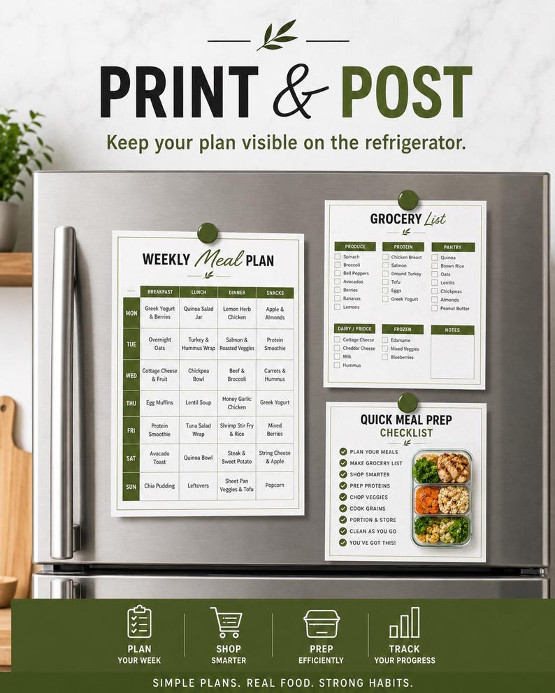 May include: Three white paper sheets with dark green text and accents attached to a stainless steel refrigerator with green magnets. The sheets include a Weekly Meal Plan, a Grocery List, and a Quick Meal Prep Checklist with food images.