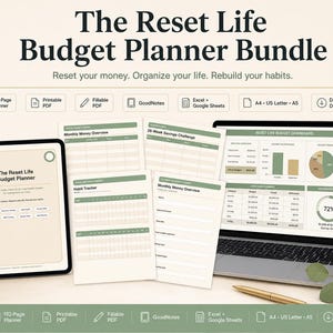 Könnte beinhalten: Das Reset Life Budget Planner Bundle, mit einem Tablet, Laptop und gedruckten Seiten. Das Bild zeigt einen digitalen Planer mit Finanz-Tracking-Tools, darunter ein Habit Tracker und ein Budget-Dashboard. Der Text lautet "Reset your money. Organize your life. Rebuild your habits."