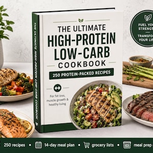 May include: A hardcover cookbook titled The Ultimate High-Protein Low-Carb Cookbook with 250 protein-packed recipes. The white cover features dark green text, a dumbbell icon, and a photograph of a salad with grilled chicken and avocado.