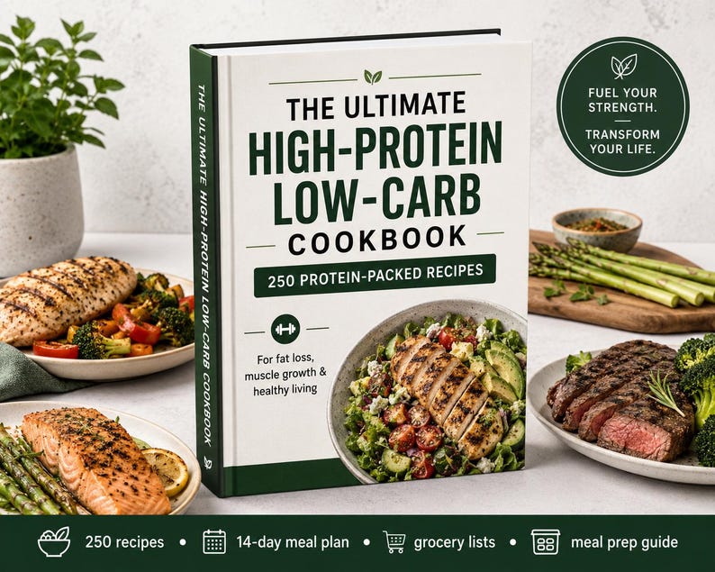 May include: A hardcover cookbook titled The Ultimate High-Protein Low-Carb Cookbook with 250 protein-packed recipes. The white cover features dark green text, a dumbbell icon, and a photograph of a salad with grilled chicken and avocado.
