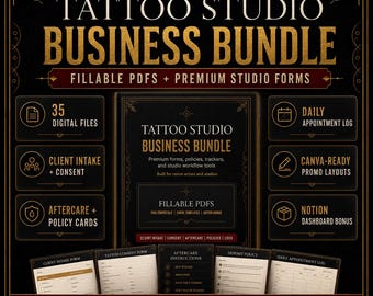 Tattoo Studio Business Bundle | Fillable Client Intake, Consent Form, Aftercare, Deposit Policy, Daily Log, Canva-Ready