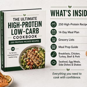 May include: A hardcover cookbook titled The Ultimate High-Protein Low-Carb Cookbook with a photo of a chicken salad. The text lists 250 recipes, a 14-day meal plan, grocery lists, and a meal prep guide, featuring sections for meat, seafood, and shakes.