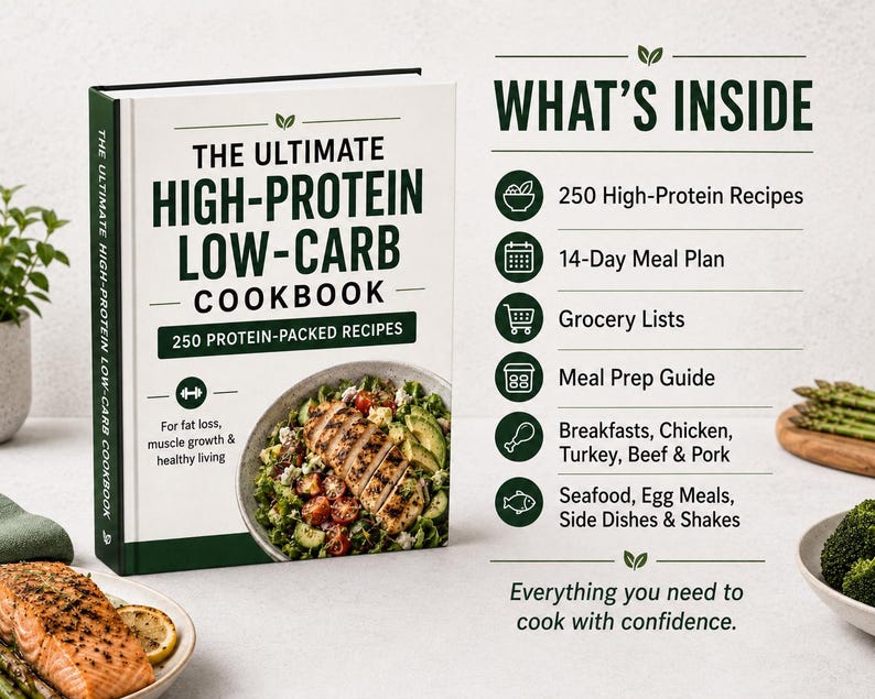 May include: A hardcover cookbook titled The Ultimate High-Protein Low-Carb Cookbook with a photo of a chicken salad. The text lists 250 recipes, a 14-day meal plan, grocery lists, and a meal prep guide, featuring sections for meat, seafood, and shakes.