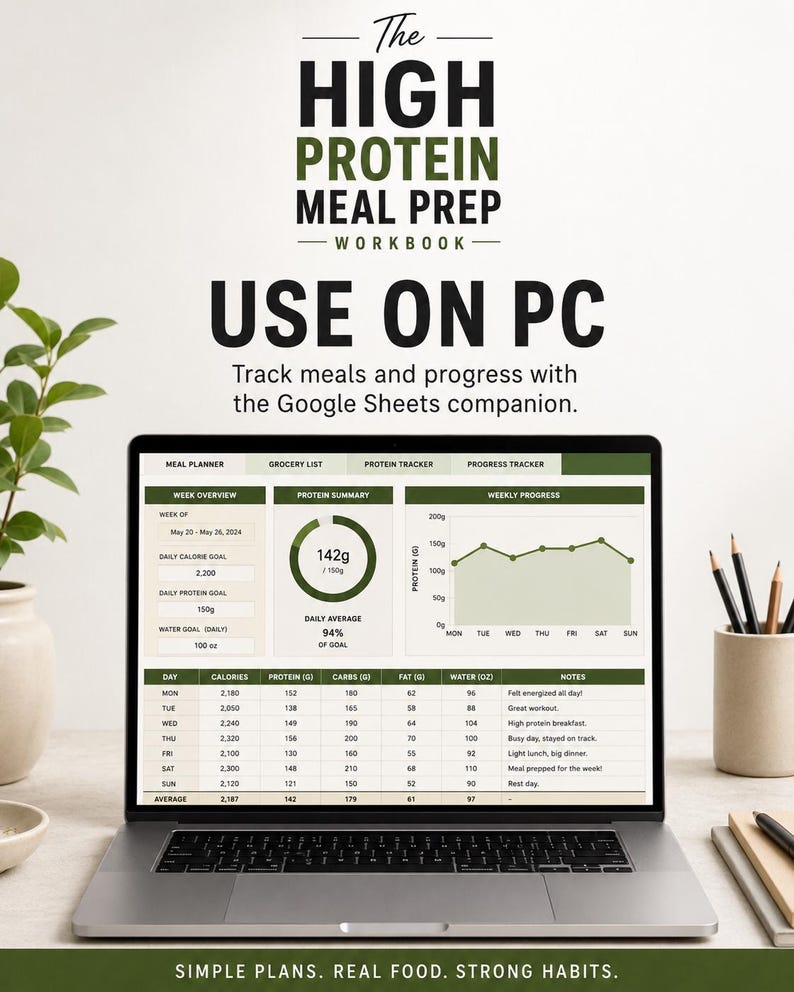 May include: A laptop screen displaying The High Protein Meal Prep Workbook, a Google Sheets companion for tracking meals and progress. The interface shows a weekly overview, protein summary, and progress chart with data in ounces and grams.