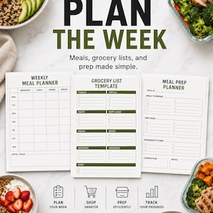 May include: A set of three white paper meal planning templates with dark green headers and black text. The sheets include a weekly meal planner, a grocery list template, and a meal prep planner, featuring checkboxes and lines for organizing food.