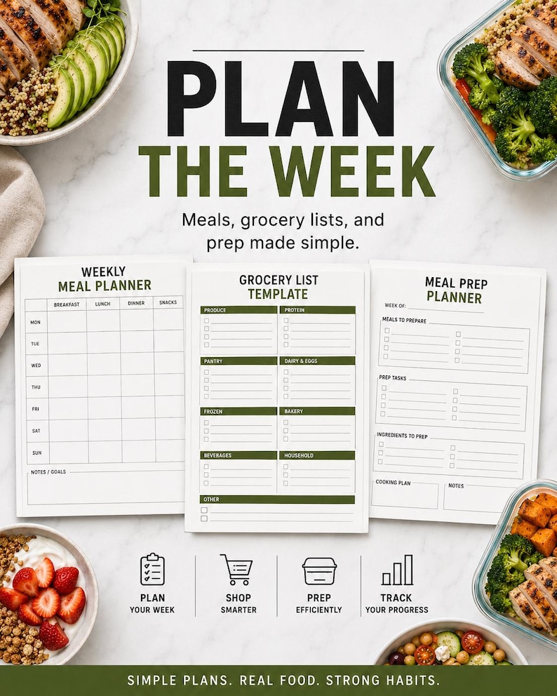 May include: A set of three white paper meal planning templates with dark green headers and black text. The sheets include a weekly meal planner, a grocery list template, and a meal prep planner, featuring checkboxes and lines for organizing food.