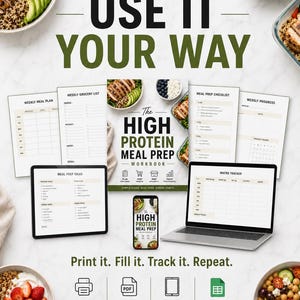 May include: A digital and printable meal prep workbook titled The High Protein Meal Prep Workbook, featuring a weekly meal plan, grocery list, checklist, progress tracker, macro tracker, and meal prep ideas displayed on a laptop, tablet, and paper.
