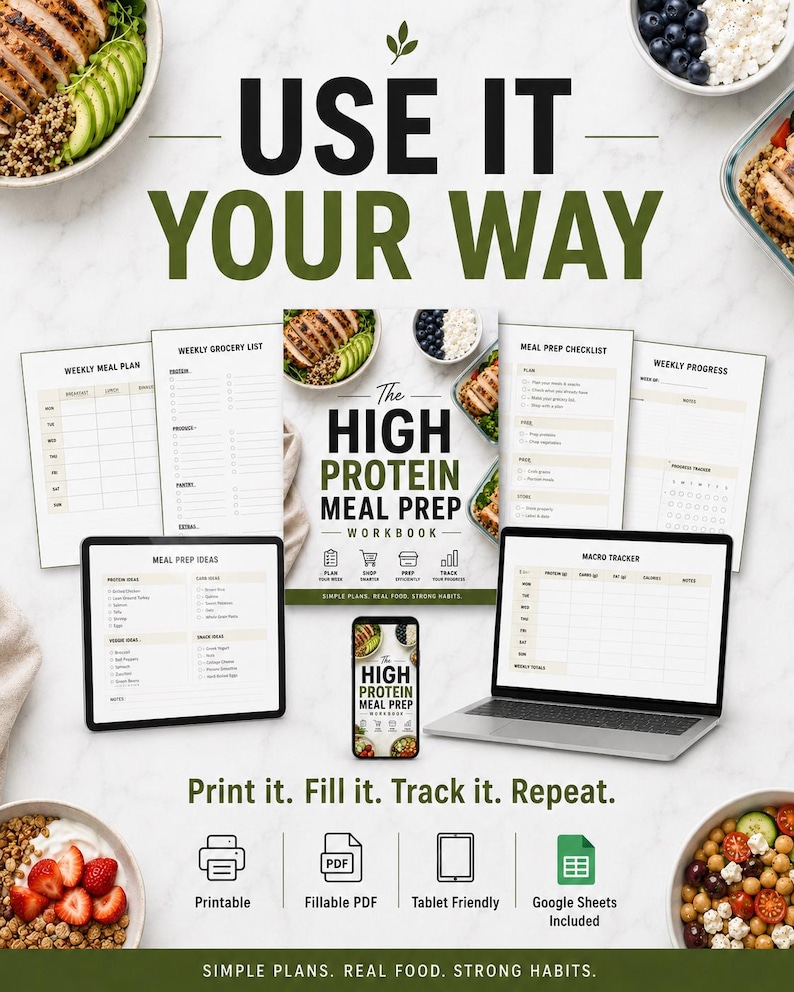 May include: A digital and printable meal prep workbook titled The High Protein Meal Prep Workbook, featuring a weekly meal plan, grocery list, checklist, progress tracker, macro tracker, and meal prep ideas displayed on a laptop, tablet, and paper.