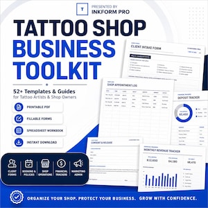 Può includere: Un toolkit aziendale digitale per studi di tatuaggi con oltre 52 modelli e guide. Il set di documenti include un modulo di ammissione cliente, un registro appuntamenti, un tracker dei depositi, un modulo di consenso e un tracker dei ricavi.