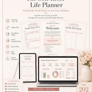 May include: A digital and printable life planner bundle with the title "The Soft Reset Life Planner." The image shows a laptop, tablet, and printed pages with budget and habit tracking layouts. Includes 202 pages.