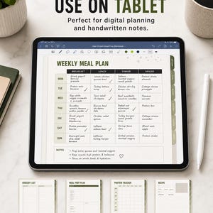 May include: A digital tablet displaying a weekly meal plan template with columns for breakfast, lunch, dinner, and snacks. The screen shows handwritten text entries for each day of the week. Below the tablet are four smaller page templates labeled grocery list, meal prep plan, protein tracker, and recipe page.
