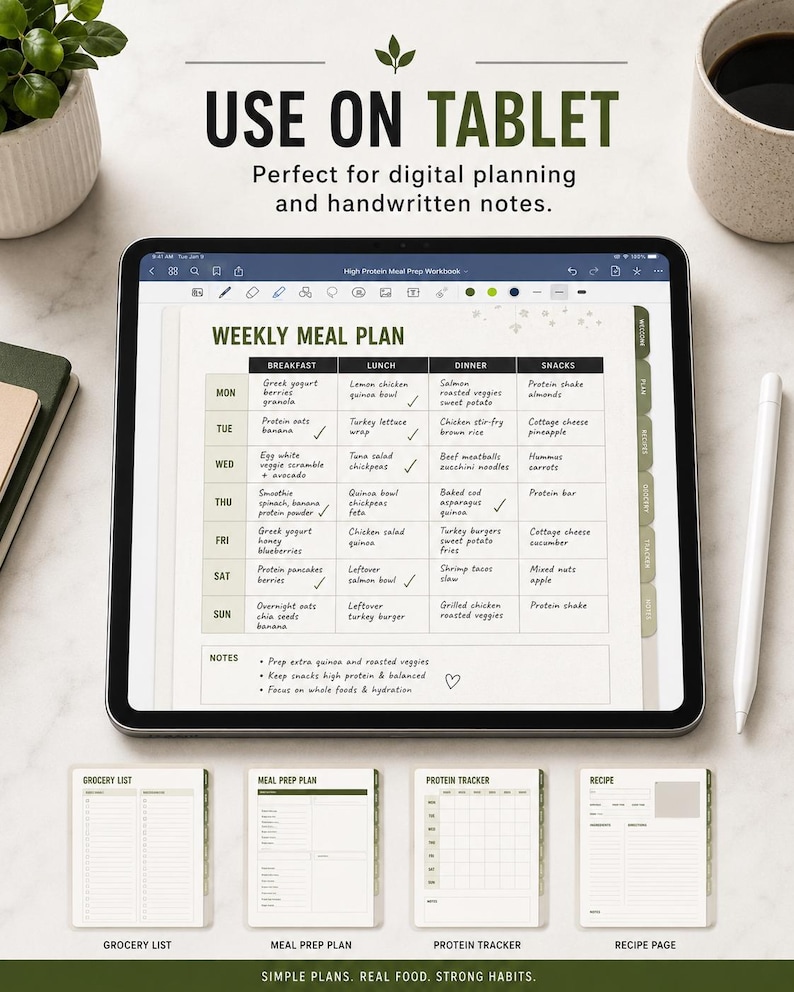 May include: A digital tablet displaying a weekly meal plan template with columns for breakfast, lunch, dinner, and snacks. The screen shows handwritten text entries for each day of the week. Below the tablet are four smaller page templates labeled grocery list, meal prep plan, protein tracker, and recipe page.