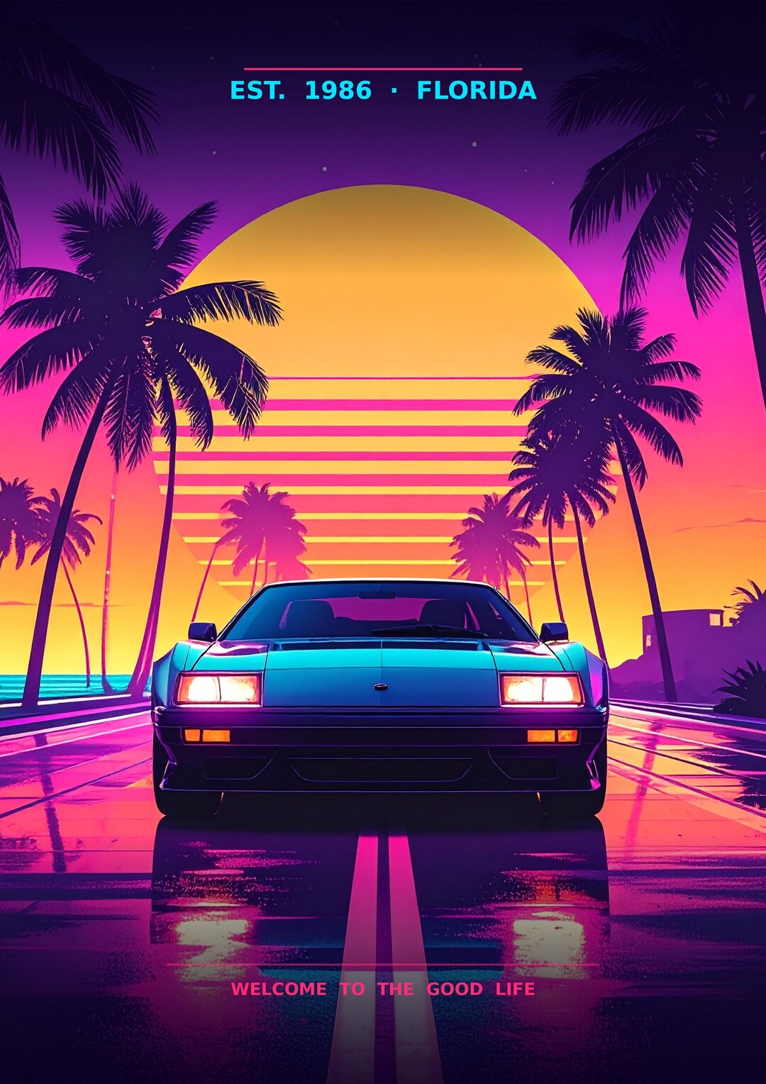 Miami Sunset Car Poster Retro Synthwave Wall Art 80s Aesthetic Digital ...