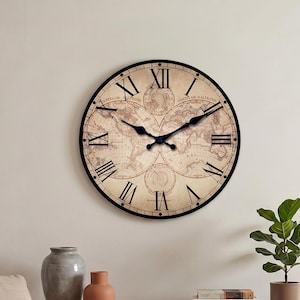 Vintage World Map Wall Clock – Silent Quartz Round Clock, Rustic Travel Inspired Wall Decor for Living Room, Office & Study