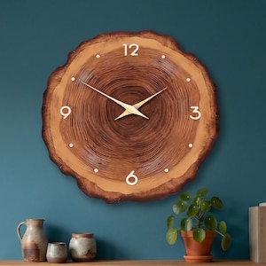 Rustic Wood Slice Wall Clock | Silent Minimalist Tree Ring, Modern Farmhouse Circular Wall Decor