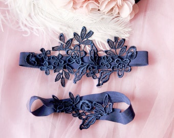 Wedding Garter Set Bridal Garter Set - Navy Blue Lace Garters - Keepsake Garter Toss Garter Prom Garter Something Blue Garters