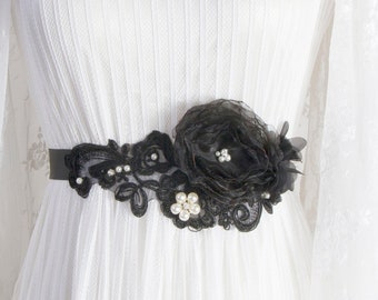 Bridal Sash Belt Wedding Sash Belt - Black Flower Sash Ribbon Belt - Wedding Dress Sashes Belts Bridesmaid Flower Girl Floral Sash