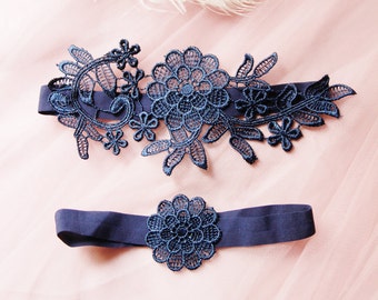 Bridal Garter Wedding Garter Set - Something Blue Garter Navy Blue Garter Belt - Lace Garter Flower Garter Floral Garter - Rustic Garter