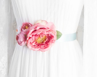 Bridal Flower Sash Belt - Wedding Dress Sashes Belts - Coral Dusty Pink Floral Ribbon Belt Maternity Sash Rustic Boho Bohemian Bridal Gift