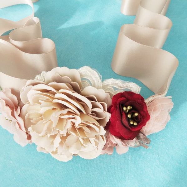 Cinturón de cinta de faja de flores nupciales - Cinturones de fajas de vestido de novia - Borgoña Taupe Beige Rosa Rubor Rosa Floral Maternidad Faja Baby Shower Prop