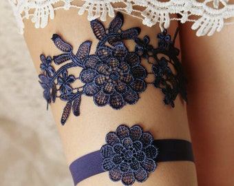 Bridal Garter Wedding Garter Set - Navy Blue Garter Lace Garter - Something Blue Wedding Gift For Bride