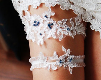 Bridal Garter Wedding Garter Set Navy Blue Lace Garters - Keepsake Garter Toss Garter Prom Garter Something Blue Garters