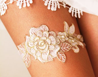 Bridal Garter Wedding Garter Bridal Lace Garter - Soft White / Ivory /Antique White & Gold Golden Rose Flower Bohemian Wedding Garter Gold