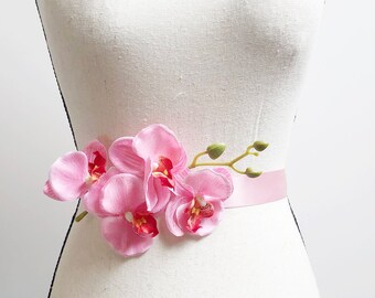 Bridal Orchid Floral Sash Belt - Pink Flower Wedding Dress Sashes Belts - Bridesmaid Flower Girl Ribbon Belt Maternity Sash Baby Shower Prop