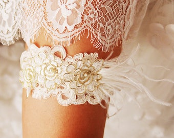 Bridal Garter Wedding Garter Belt - Luxury Ostrich Feather Garter Belt - Gold Ivory Lace Garter - Prom Garter Floral Garter