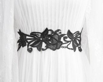 Black Sash Belt Wedding Sash Belt Bridal Belt Ribbon Belt - Wedding Dress Sash Belts - Lace Ribbon Belt Lace Sash Belt Flower Belt