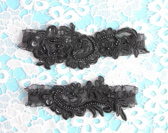 Wedding Garter Set Bridal Garter Black Garter Belt - Keepsake Garter Toss Garter Prom Garter - Black Pearl Beaded Lace Garters