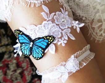 Butterfly Garter Set Wedding Garter Bridal Garter - Alice in Wonderland Wedding Flower Garter Belts - White Lace Navy Blue Lace Garter