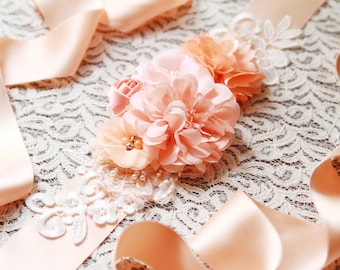 Wedding Sash Belt Ribbon Sash Belt Bridal Sash Belt - Bridesmaid Flower Girl Sashes Belts - Peach Pink Salmon Mixed Flowers - Boho Rustic