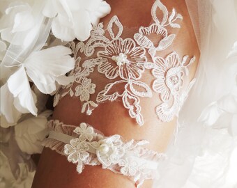 Ivory powder pink lace garter wedding bridal vintage inspired