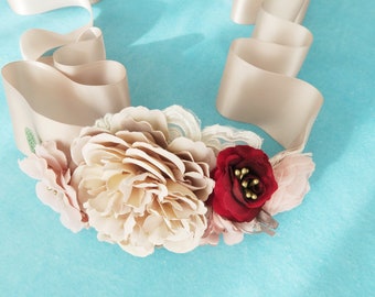 Bridal Flower Sash Ribbon Belt - Wedding Dress Sashes Belts - Burgundy Taupe Beige Rose Blush Pink Floral Maternity Sash Baby Shower Prop