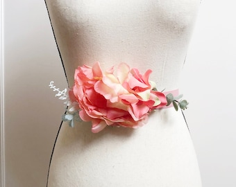 Pink Peach Coral Flower Sash Belt - Floral Autumn Fall Wedding Dress Sashes Belts Ribbon Belt Marsala Red Blue Flowers Bridal Shower Gift