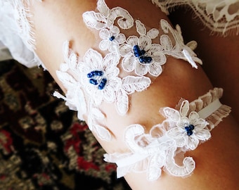 Wedding Garter Bridal Garter Belt - Navy Blue Something Blue Garter Belt - Ivory Floral Lace Garter Garters Bridal Shower Gift For Bride